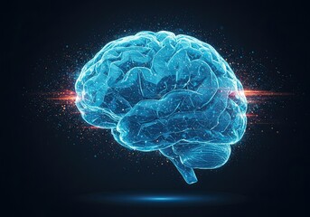 Stunning 3D digital brain with glowing neural network and particles, symbolizing intelligence and innovation.