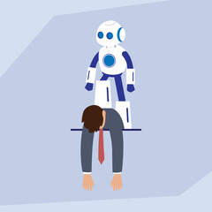 Artificial Intelligence Robot Overcoming and Replacing Human Worker, Concept of Job Automation 2d flat vector illustration