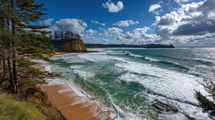Coastal beach scene with dramatic waves