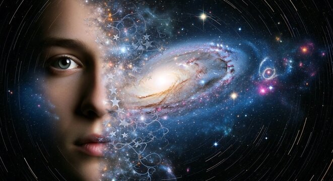 A woman's face merges with a cosmic galaxy, evoking wonder. Blues, purples, and whites dominate. Dreamy, mystical mood. AI Generated. - Powered by Adobe