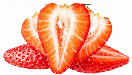 Stacked strawberry slices with glossy texture on white background