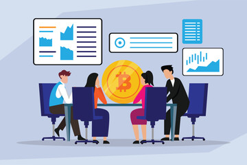 Business Team Meeting to Discuss Bitcoin Investment Strategy and Cryptocurrency Market Analysis 2d flat vector illustration