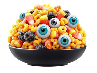 Halloween Candy Corn Bowl PNG Cutout: Black Plate with Candies & Eyeballs (Transparent/White Background, Clipart Style for Graphic Design Elements)