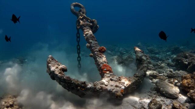 Ancient Rusty Anchor Chain rests on Deep Ocean Seafloor