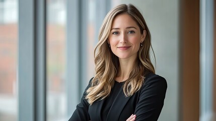 Confident businesswoman ready for new opportunities in a modern office, perfect for conveying trust, leadership, and a bright future in corporate communications