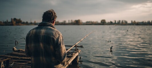 Man fishing from wooden dock on a lake