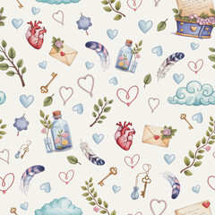 Detailed seamless pattern with various whimsical and romantic elements including hearts, anatomical hearts, envelopes, keys, feathers, and bottles with flowers and clouds