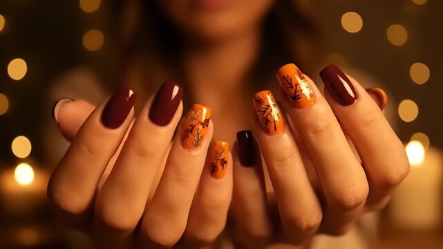 Close-up of elegant hands showcasing autumn-themed nail art with fall leaves and golden glitter accents on a cozy - Powered by Adobe