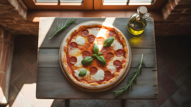 Overhead view of a freshly baked pepperoni pizza with basil and olive oil.