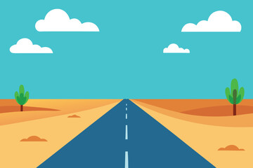 Cartoon Desert Road Trip Blue Highway, White Clouds, and Green Cactus Trees