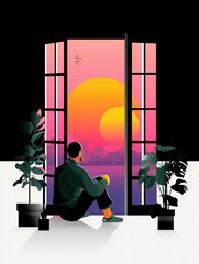 A young man with curly hair sitting by the window, gazing out at the sunset with a thoughtful expression. Soft warm light creates a serene atmosphere. Concept of introspection and contemplation during