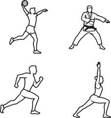 Fototapeta premium Four Black and White Line Art Illustrations of People Doing Various Physical Activities.