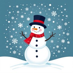 Festive Snowman Wea a Top Hat and Red Scarf Standing with Outstretched Arms in Snowfall on Winter Night with Snowflakes Falling Background