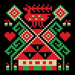 Pastoral pattern with a rural house and deer in red, green, and white. The design is suitable for weaving, cross-stitching, or knitting.