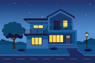 Modern home at night. Evening at residential. Night house lamp. House exterior.