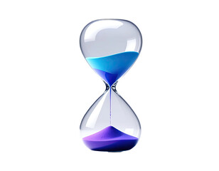 Glass hourglass with blue and purple sand, isolated on a black background