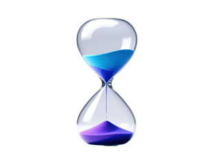 Glass hourglass with blue and purple sand, isolated on a black background