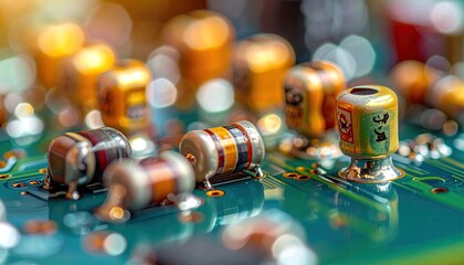 Close-Up of Resistors and Capacitors on a Green Circuit Board Electronic Components with Blurry Background and Gold Accents Electronic Detail Shot