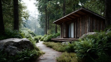 A rustic wooden cabin nestled in a lush green forest with a path leading to its entrance