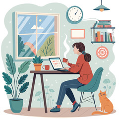 Vector art of woman working from home with laptop, drinking coffee, cat sitting nearby, plants, and cozy interior, enjoying the day