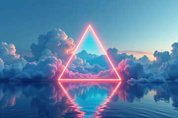 Vibrant neon triangle glowing against a cloudy sky with reflections over water, creating a surreal dreamy landscape with colorful atmospheric lighting