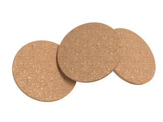 3D Round natural cork texture Beer Coaster Mockup, isolated on background. Protection bierdeckel for beer glasses, bottle, can, cup holder. Empty bottle coaster lying template for beverage branding