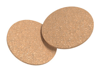 3D Round natural cork texture Beer Coaster Mockup, isolated on background. Protection bierdeckel for beer glasses, bottle, can, cup holder. Empty bottle coaster lying template for beverage branding