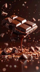 A decadent chocolate bar, with melted chocolate cascading around it, creates a rich visual display.