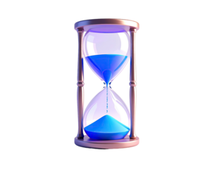 A rendered hourglass with blue sand, brass details, and a transparent glass