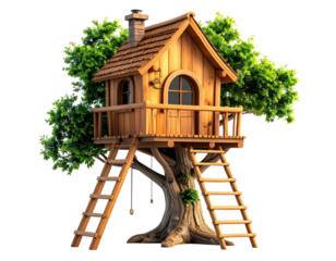 Cozy wooden treehouse nestled among lush green foliage, with a chimney