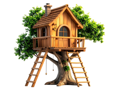 Cozy wooden treehouse nestled among lush green foliage, with a chimney
