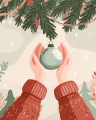 Two human hands hold a green ornament under festive evergreen branches during winter