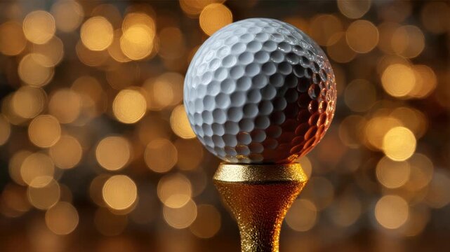 A dimpled golf ball rests on a golden tee, bokeh lights in the background