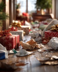 Holiday gift wrap waste scattered on wooden floor after festive celebrations