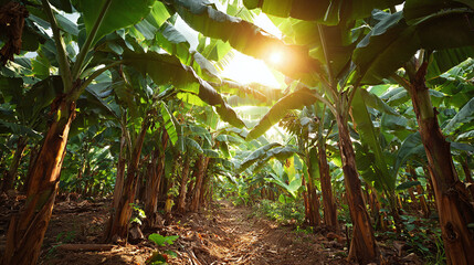 Obraz premium Lush banana plantation bathed in sunlight, creating a vibrant scene of tropical agriculture and natural beauty. A haven for nature enthusiasts.