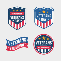 Veterans day shield labels, red white blue emblems, holiday tag pack, banners and circles, patriotic sticker vector