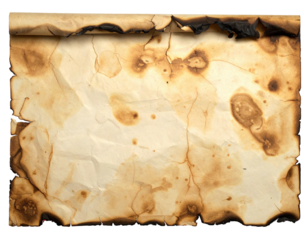 A wrinkled parchment with burnt edges and stains, suggesting age and damage