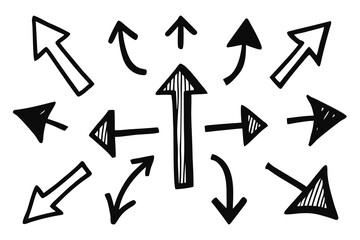 Hand Drawn Black Arrows Pointing in Different Directions with a Bold Arrow Upwards