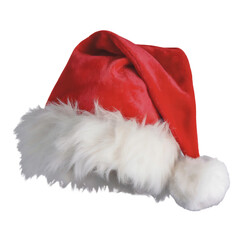 Realistic Red Santa Hat with White Fur Trim and Pom- Pom Keywords: santa, hat, christmas, holiday, red, white, fur, trim isolated on a transparent background