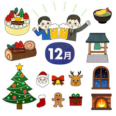 December Illustration Set with Christmas, Santa, Reindeer, New Year and Winter Celebration