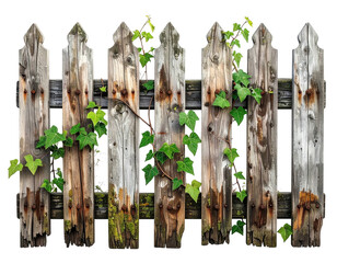 Weathered wooden picket fence with green ivy climbing on the aged planks