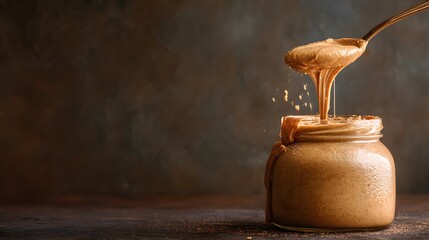 A jar of smooth peanut butter with a spoonful drizzling over the edge, with copy space
