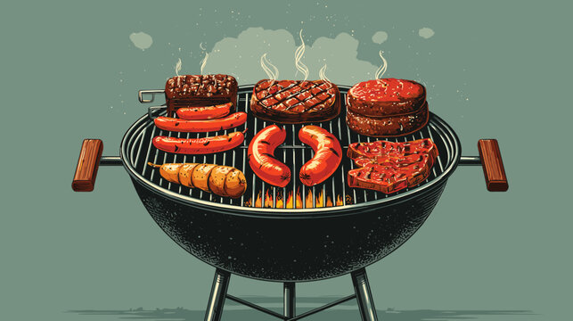 Vector illustration of a charcoal grill with different meats and sausages