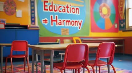 Empty classroom with desks and chairs, promoting education and harmony concept