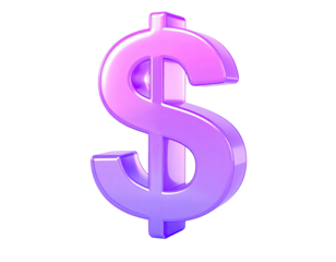 A glossy, gradient purple dollar symbol against a stark black background