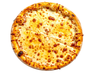 Overhead shot of a circular pizza sliced into equal pieces, with melted cheese