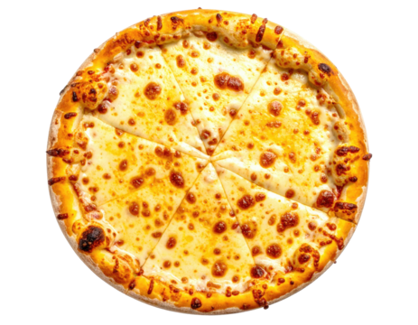 Overhead shot of a circular pizza sliced into equal pieces, with melted cheese