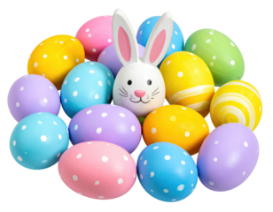 Colorful Easter eggs with a bunny centerpiece on a black background