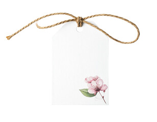 White paper tag with floral design tied with jute string on black background