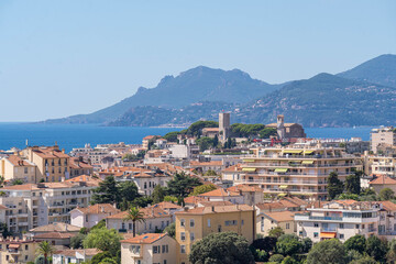 Panoramic view of Cannes city with the Esterel mountains and Mediterranean Sea